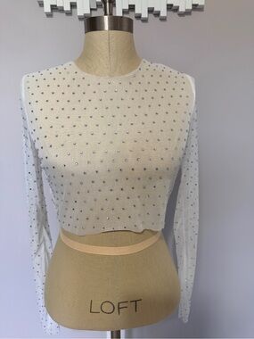 Embellished White Sheer Long-Sleeve Crop Top